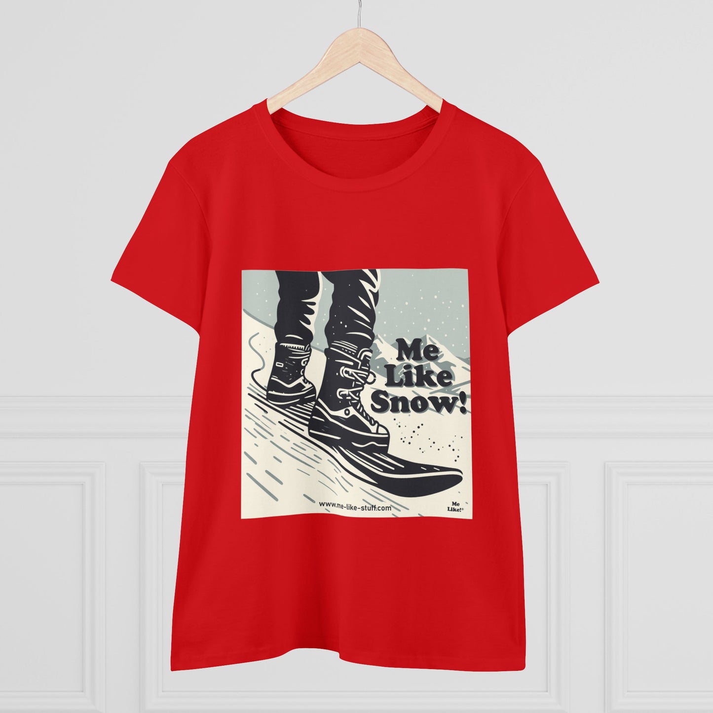Women's Heavy Cotton Tee - Me Like Snow! (Snowboard #1)