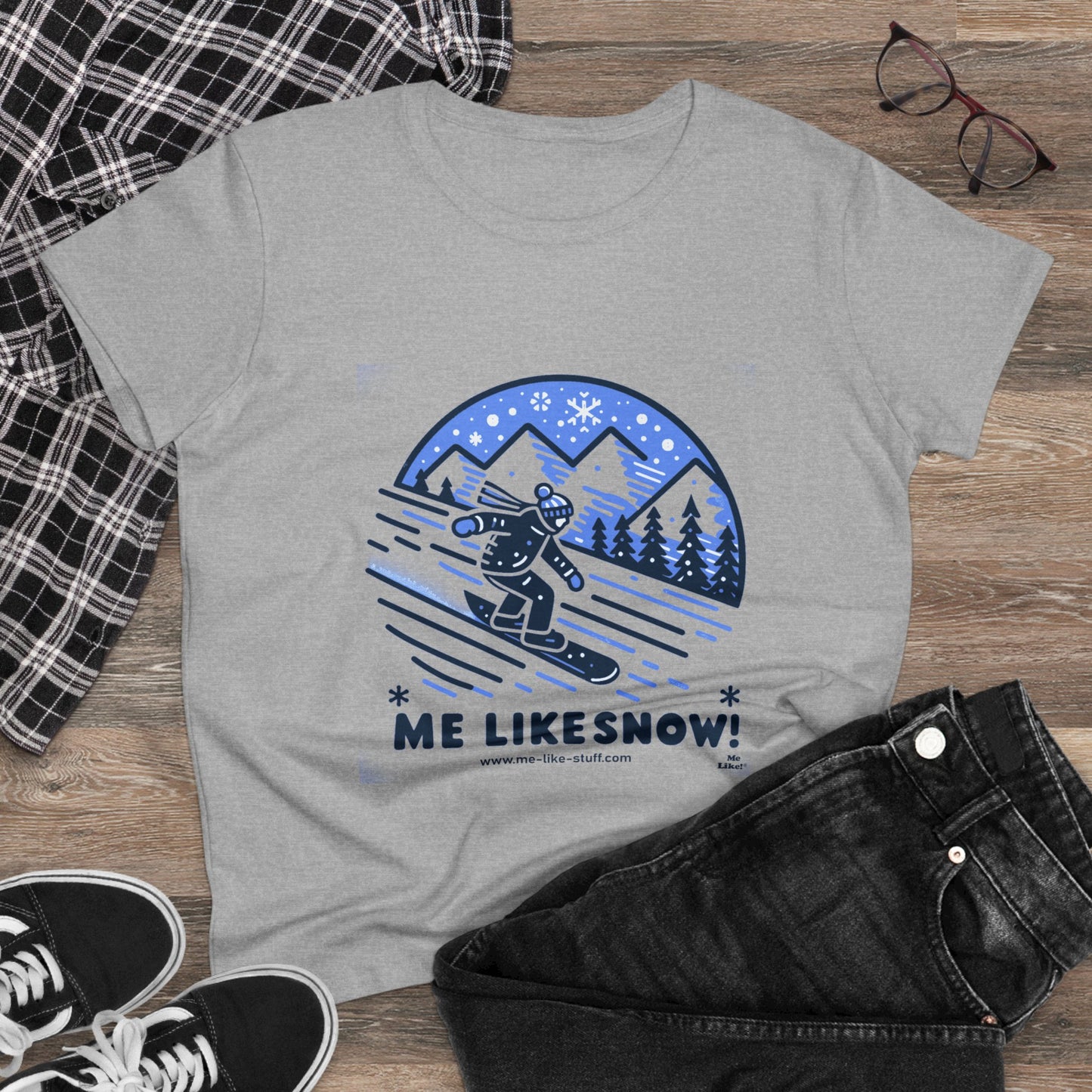 Women's Heavy Cotton Tee - Me Like Snow! (Snowboard #2)