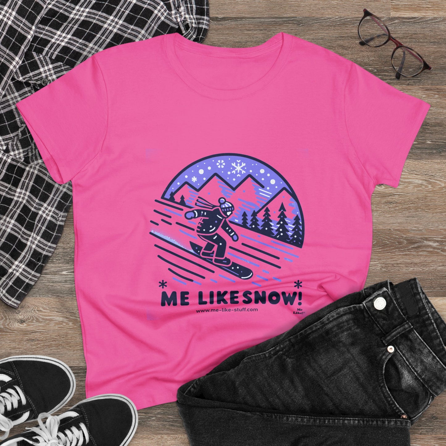 Women's Heavy Cotton Tee - Me Like Snow! (Snowboard #2)