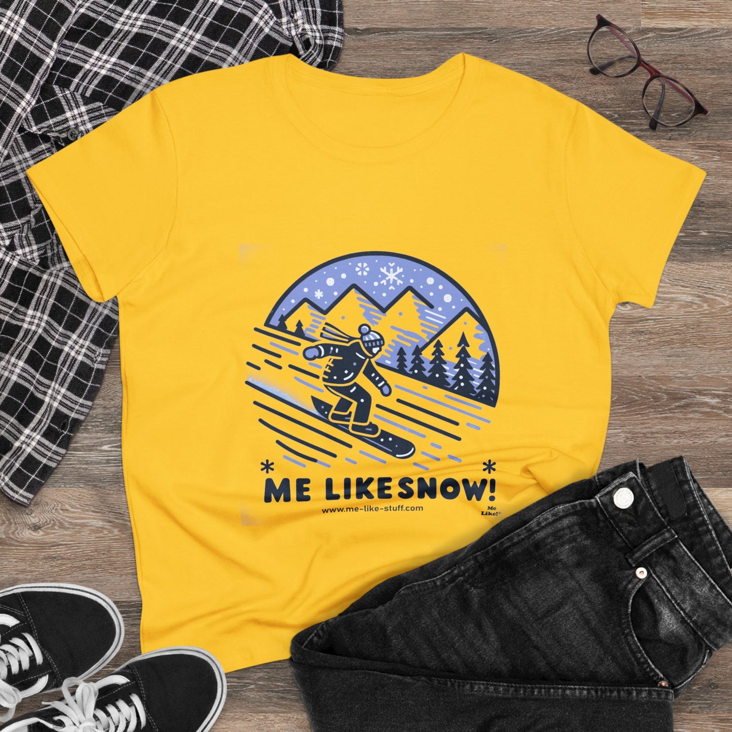 Women's Heavy Cotton Tee - Me Like Snow! (Snowboard #2)