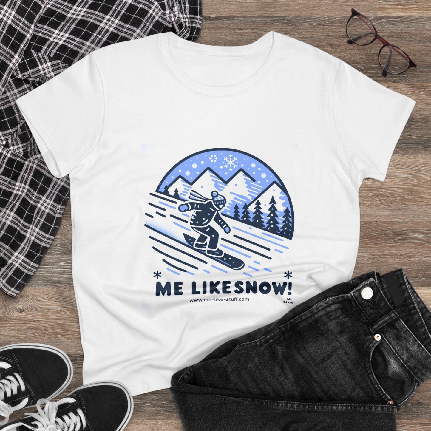 Women's Heavy Cotton Tee - Me Like Snow! (Snowboard #2)