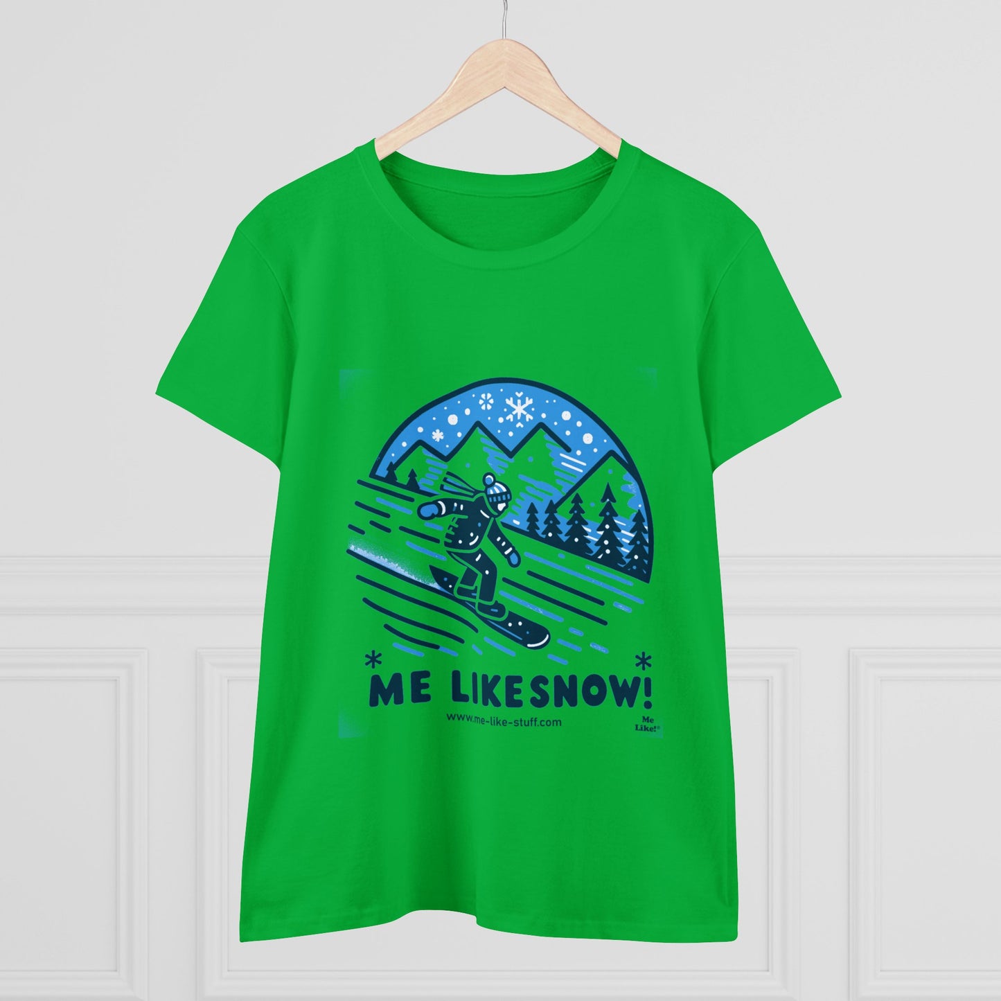 Women's Heavy Cotton Tee - Me Like Snow! (Snowboard #2)