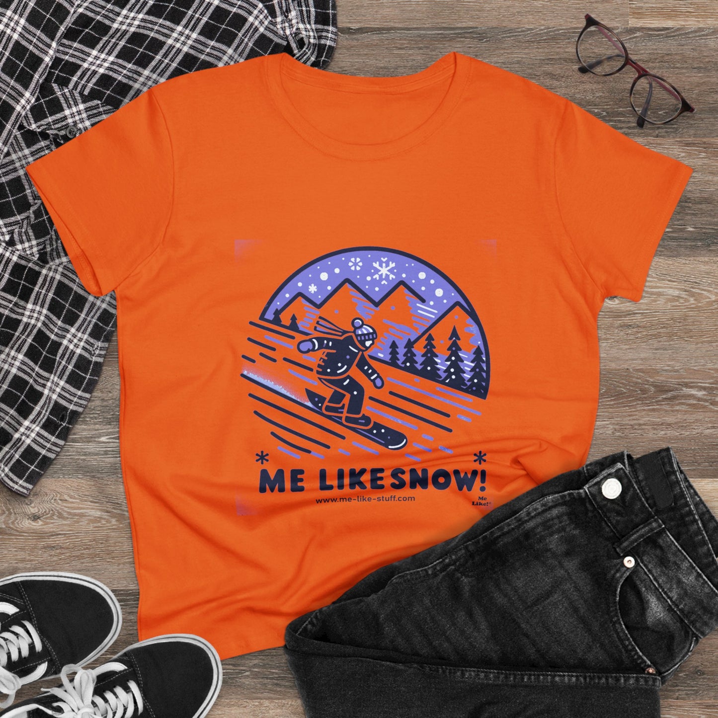 Women's Heavy Cotton Tee - Me Like Snow! (Snowboard #2)