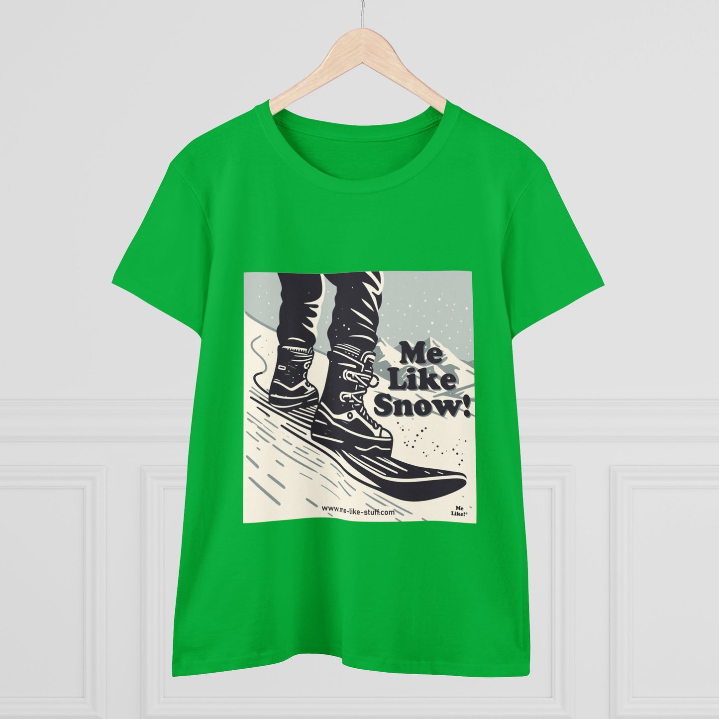 Women's Heavy Cotton Tee - Me Like Snow! (Snowboard #1)