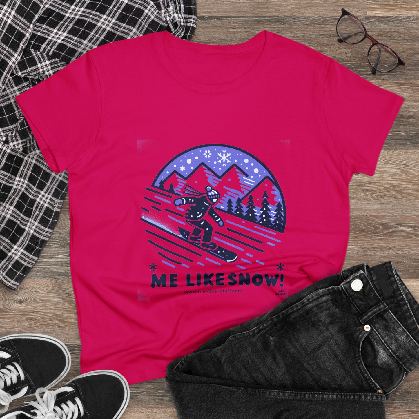 Women's Heavy Cotton Tee - Me Like Snow! (Snowboard #2)